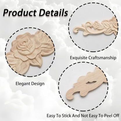 Wood Carved Long Onlay Appliques for Furniture, Rubber Wood 4 Pack