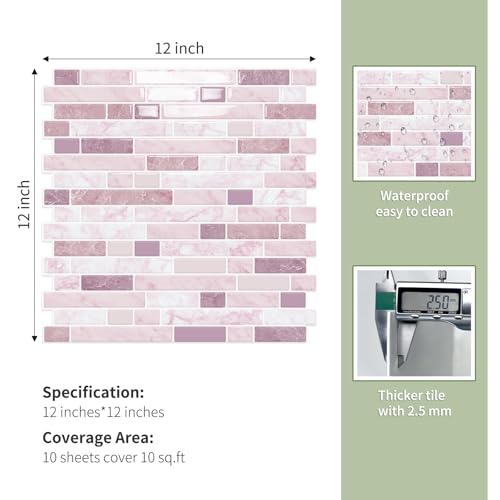 10 Sheets Thick Peel and Stick Kitchen Backsplash Tiles - color: Pink