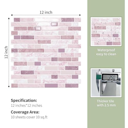 10 Sheets Thick Peel and Stick Kitchen Backsplash Tiles - color: Pink
