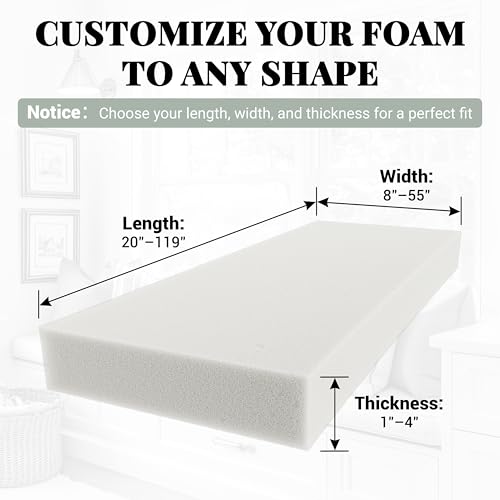 Royal Shade Custom Cut-to-Size Foam, High Density Replacement, Upholstery Foam Cushion, Polyurethane, Cushion Replacement for Chairs, Couches & DIY Projects (1'' Thick) - size: 1 Inch Thick