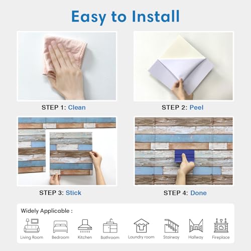 COMSTICKC 3D Peel and Stick Faux Wood Wall Sticker, 10 Pcs 11.8" x 11.8" - color: Blue/Brown