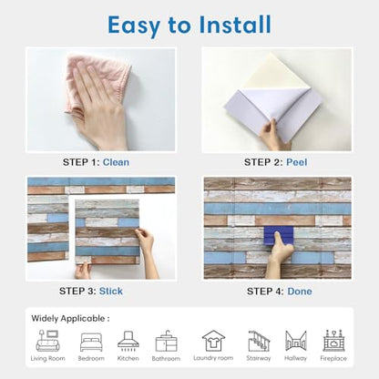 COMSTICKC 3D Peel and Stick Faux Wood Wall Sticker, 10 Pcs 11.8" x 11.8" - color: Blue/Brown