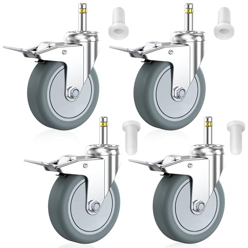 HOLKIE Stem Caster Wheels 4 inch Locking Casters Set of 4, 7/16-Inch Stem Diameter Swivel Castor Heavy Duty TPR Rubber Replacement Castors for Cart, Stool, Mop Bucket, Grill, Shop Vac - style: 4 inch-205LBS (With Brake)