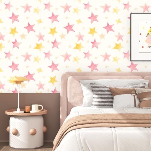Fvlow Colorful Star Peel and Stick Wallpaper 17.4" x 118" - color: Pink/Gold, size: 17.4" x 118"