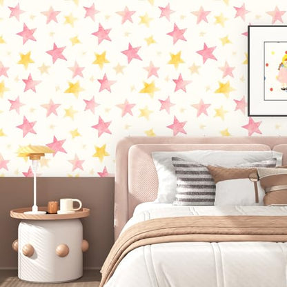 Fvlow Colorful Star Peel and Stick Wallpaper 17.4" x 118" - color: Pink/Gold, size: 17.4" x 118"