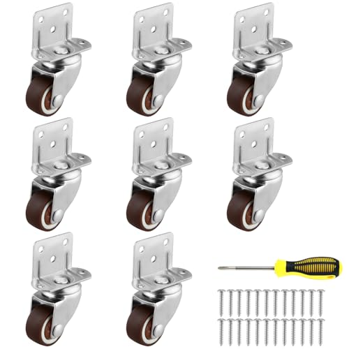 1 Inches Side Mount Caster Wheels Set of 8 L-Shaped Rubber Small Swivel Caster Heavy-Duty Double Plate Castor Without Brake Industrial Metal Wheel for Workbench, Furniture, Cabinet, Woodbox, Brown - style: 8 packs 1 in/ No brake/ L-Shape