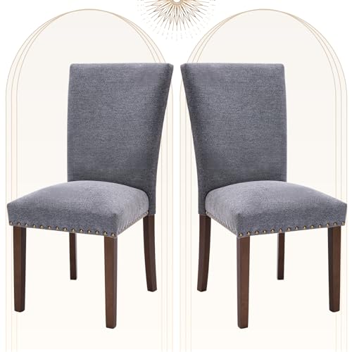 COLAMY Upholstered Parsons Dining Chairs Set of 2, Fabric Dining Room Kitchen Side Chair with Nailhead Trim and Wood Legs - Dark Grey - color: F-darkgrey, size: Set of 2