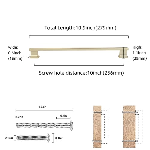 COTYKILEY 10 Pack 10 Inch(256mm) Brushed Brass Cabinet Handles Gold Kitchen Cabinet Pulls Cabinet Door Handles Kitchen Cabinet Hardware - color: Brushed Brass, size: 10" Hole Center（256MM）