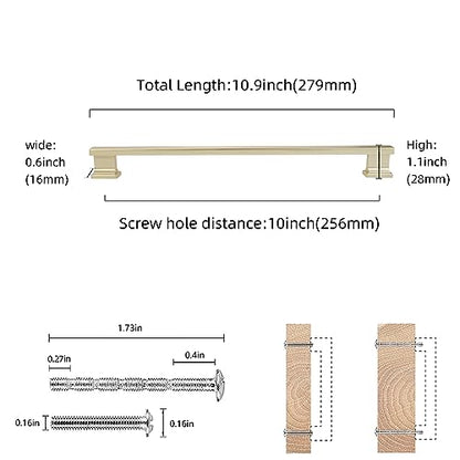 COTYKILEY 10 Pack 10 Inch(256mm) Brushed Brass Cabinet Handles Gold Kitchen Cabinet Pulls Cabinet Door Handles Kitchen Cabinet Hardware - color: Brushed Brass, size: 10" Hole Center（256MM）