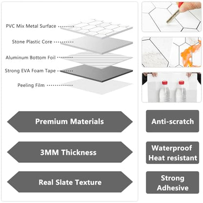 Vamos Tile Long Hexagon Peel and Stick Backsplash Tile - 10 Sheets Stick on Backsplash for Kitchen and Bathroom 12.4 x 12 Inch White Marble Look PVC Self Adhesive Mosaic Wall Tiles - color: ‎Statuary Marble Look