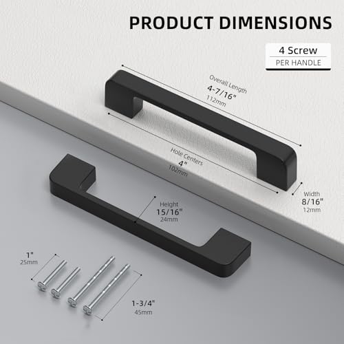 Black Cabinet Handles 4 Inch Matte Black Cabinet Pulls 10 Pack - color: Black, size: 4 Inch (102 mm) Hole Centers