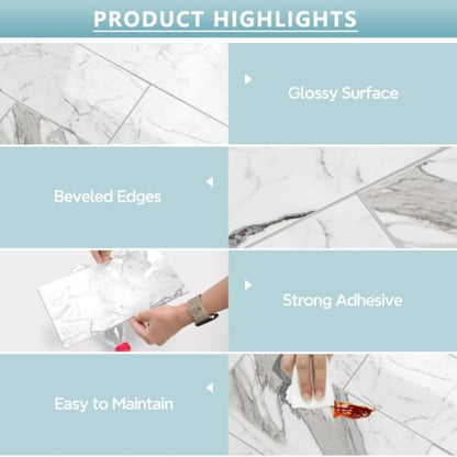Vamos Tile Peel & Stick Backsplash on Subway Tile,22-Pack 6''x12'',Glossy - color: Carrara White with White Grout
