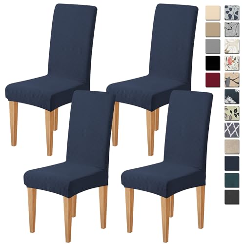 Dioxide Stretch Chair Covers for Dining Chairs, Washable Dining Chair Covers Set of 4, Soft Kitchen Chairs Seat Covers, Jacquard Parson Chair Slipcover Protectors for Home Hotel Restaurant Banquet - color: Navy Blue, size: 4PCS