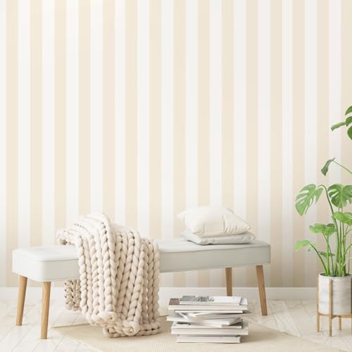 Beige and White Striped Peel and Stick Wallpaper 17.3"x1200" - color: Beige, size: 17.3" x 1200"