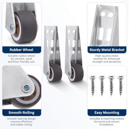 2 PCS Low Profile Casters, Rubber Low Profile Caster Wheels, Non-Slip Side Mount Caster Wheels for Room Door, Storage Box, Underbed Drawer, Cabinet,Bookcase(Silver, 0.8")
