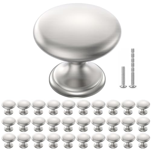 Cabinet Knobs Brushed Nickel 30 Pack, 1-1/6 Inch Round Solid Drawer Knobs - color: Silver, size: 30 Pack