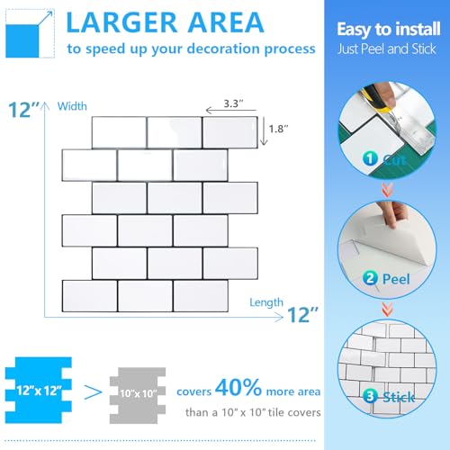 STICKGOO Subway Tile Peel and Stick Backsplash, Thicker Design 12" x 12" Stick on Backsplash Tiles for Kitchen, Bathroom, Wall Tile (1 Sheet, Cold White with Black Grout)