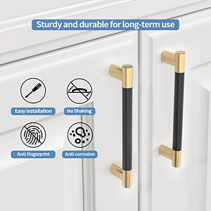 Black & Gold Knurled Cabinet Handles Kitchen Pulls 5 Inch 10 Pack - color: Black and Gold, size: 5" Hole Center