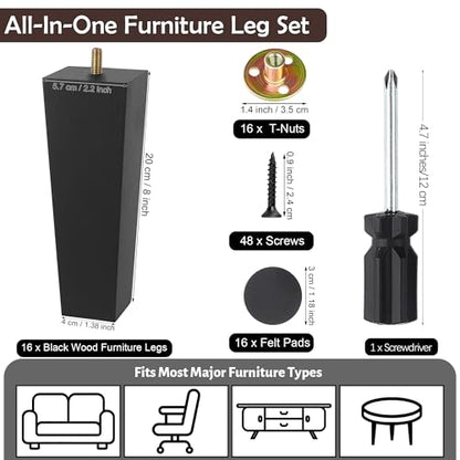 TURSTIN 16 PCS 8 Inch Wood Furniture Legs, Couch Legs Replacement, Black - color: Black, size: 8 Inch