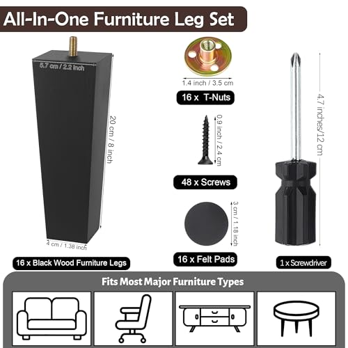 TURSTIN 16 PCS 8 Inch Wood Furniture Legs, Couch Legs Replacement, Black - color: Black, size: 8 Inch