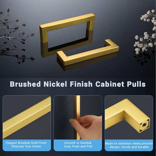 KNOBWELL 20Pack 5 Inch Brushed Gold Cabinet Pulls Stainless Steel Kitchen Cabinet Handles Square Drawer Pulls Modern Cabinet Hardware Handles，128mm Hole Centers - color: Brushed Gold, size: Hole Center:5 inch(128mm)