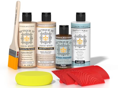 Retique It Wood Finish Tabletop Kit – GO Beyond Faux Wood with Paintable Liquid Wood Based Primer and Gel Stain - Graining Tools Included (Tabletop Kit, Pickled Oak) - color: 70 Pickled Oak, size: Tabletop Kit