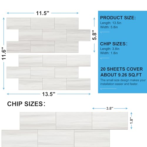 Peel and Stick Backsplash, 20-Sheet Peel and Stick Wall Tiles 13.5" x 5.8" PVC Subway Tile Stick on Backsplash for Kitchen Fireplace (Italian White Marble) - color: Italian White Marble