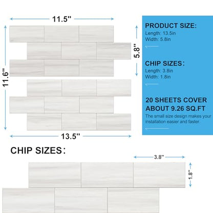 Peel and Stick Backsplash, 20-Sheet Peel and Stick Wall Tiles 13.5" x 5.8" PVC Subway Tile Stick on Backsplash for Kitchen Fireplace (Italian White Marble) - color: Italian White Marble