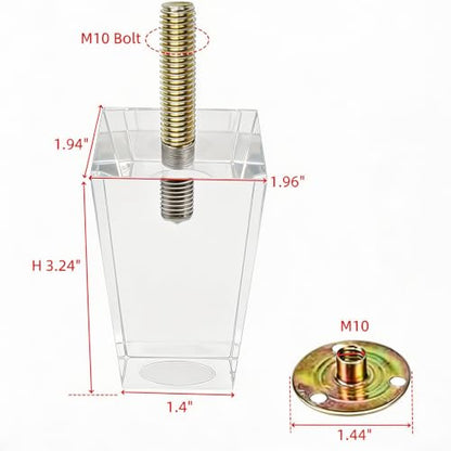 Clear Acrylic Couch Legs, 3.25 Inch Height, 2 Inch Width, 4Pcs - size: H 3-1/4 Inch