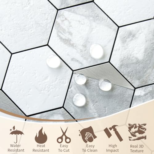 DICOFUN 1-Sheet White Hexagon Tile Peel and Stick Backsplash, Marble Look PVC Mixed Silver Metal Mosaic Tiles for Kitchen and Bathroom - color: White Marble + Silver Metal Chip, size: 1 Sheet, 12''x12''x0.12''