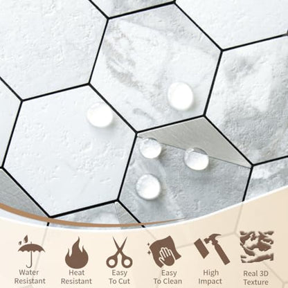 DICOFUN 1-Sheet White Hexagon Tile Peel and Stick Backsplash, Marble Look PVC Mixed Silver Metal Mosaic Tiles for Kitchen and Bathroom - color: White Marble + Silver Metal Chip, size: 1 Sheet, 12''x12''x0.12''