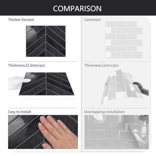 10 Sheets Thicker Herringbone Peel and Stick Backsplash - color: Grey Black