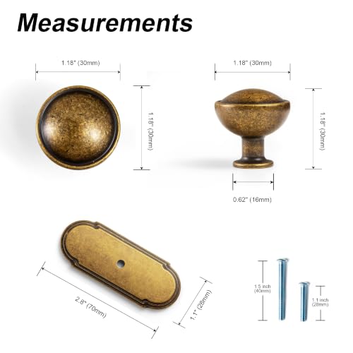 6Pack Antique Brass Cabinet Knob with Backplate Round Drawer Knob - color: Antique Brass, style: Orbit Rim