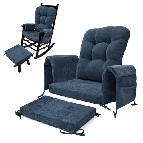 5 PCS Glider Rocker Replacement Cushions with Storage Side Pocket, Luxuriy Chenille Fabric Foam & Microfiber Filling, Thickened & Supportive Rocking Chair Cushion Set, Dark Blue - color: Dark Blue