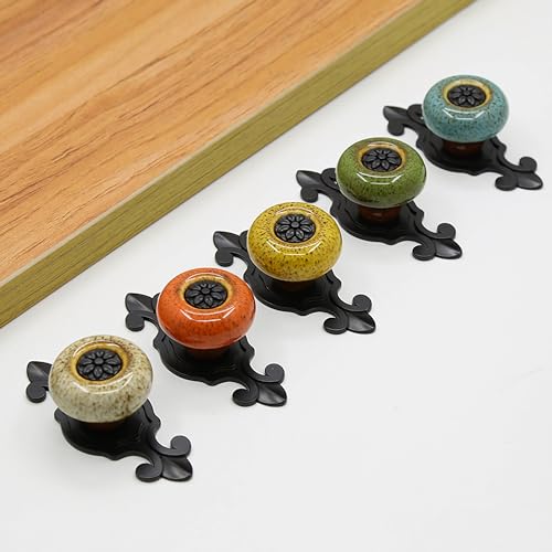 HUAMULAN 10 Pack Ceramic Knobs Leopard Dresser Cabinet Pulls with Backplate - color: HRJ1901-HeiBaoLv-10PACK