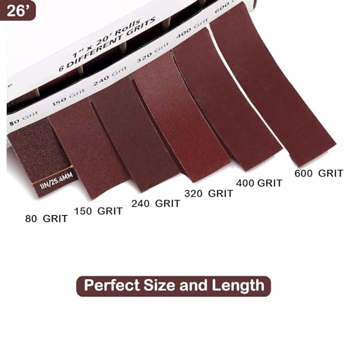Emery Cloth Roll, 6 Grits 1'' x 26' Sand Paper Roll with Dispenser, 80 150 240 320 400 600 Grit Sandpaper Assortment, Wet Sanding Paper for Metal Automotive Furniture Wood - style: 6rolls 8m