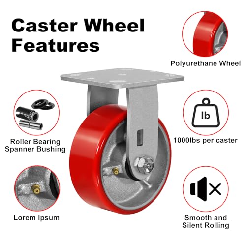 5"X 2" Heavy Duty Caster Wheels, Swivel Casters Set of 4 Polyurethane Wheel with Strong Load-Bearing Capacity 4000lbs, Industrial Casters for Toolbox Workbench (2 Brakes & 2 Rigid) - style: 5'' Wheel