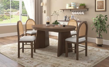 5-Piece Extendable Dining Table Set with 4 Rattan Back Chairs, Walnut - color: Beige,walnut