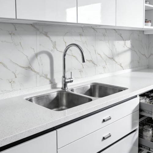 Peel and Stick Backsplash Tiles, 10pcs 12"x12" White Marble Wall Tiles - color: White, Grey and Gold