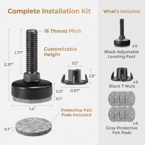 Threaded Furniture Leveling Feet, Levelers with T-Nuts & Pads (8 PCS)