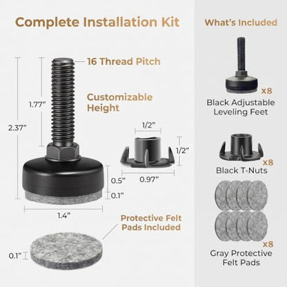 Threaded Furniture Leveling Feet, Levelers with T-Nuts & Pads (8 PCS)
