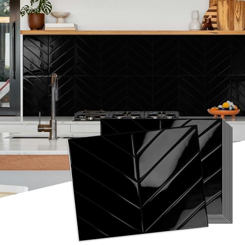 10-Sheet Herringbone Peel and Stick Backsplash Tiles for Kitchen, 3D Marble Look Self Adhesive Stick on Back Splashes Wall Tiles for Bathroom 11.5"x9" Black - color: Black