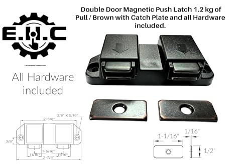 E.H.C. Double Cabinet Door Magnetic Push to Open Close Latch, Brown, 1.2 kg Pull Force, with Catch Plate and Hardware