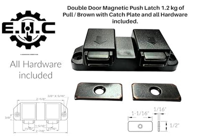 E.H.C. Double Cabinet Door Magnetic Push to Open Close Latch, Brown, 1.2 kg Pull Force, with Catch Plate and Hardware