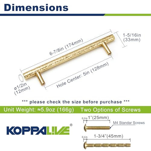 6-Pack Solid Brass Kitchen Cabinet Pulls, Gold Modern T-Bar Handles, 5-Inch Hole Center Hammered Handles for Dresser Drawer Cupboard, 6-7/8 Inch Total Length, Polished Finish - size: 5 Inch(128mm) Hole Centers