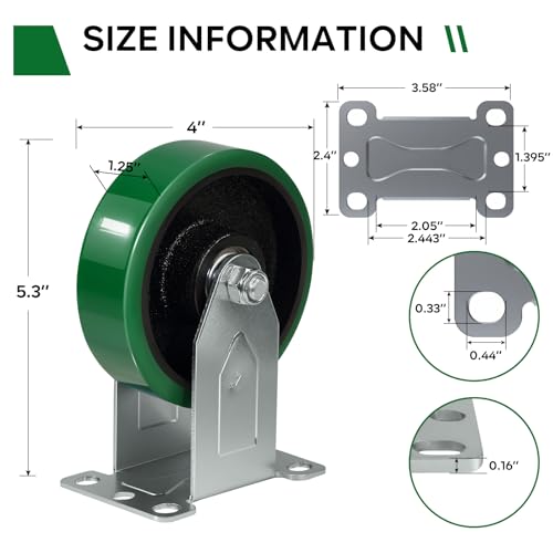 4" Industrial Caster Wheels, Heavy Duty Casters, Premium Thick Polyurethane Tread Cast lron Center, Non-Marking, for Cart, toolboxes, Each Caster Loads 450LBS(1 Rigid) - style: 1 Rigid