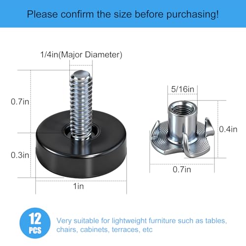 Adjustable Leveling Feet 12 PCS, 1/4" Thread Furniture Feet with T-Nuts