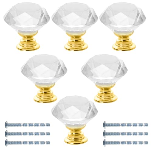 Akstore 6 Pcs Crystal Glass Cabinet Knobs 30mm Diamond Shape Drawer Kitchen Cabinets Dresser Cupboard Wardrobe Pulls Handles (Clear-Golden, 30mm) - color: Clear-Golden, size: 30 mm
