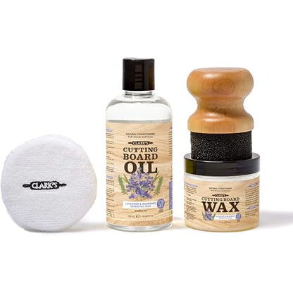 Clark’S Cutting Board Oil and Wax Kit - Set Includes Food Grade Mineral Oil (12oz), Finishing Wood Wax (6oz), Applicator Sponge & Buffing Pad, Enriched with Food Safe Lavender and Rosemary Extract - style: Lavender and Rosemary Extract