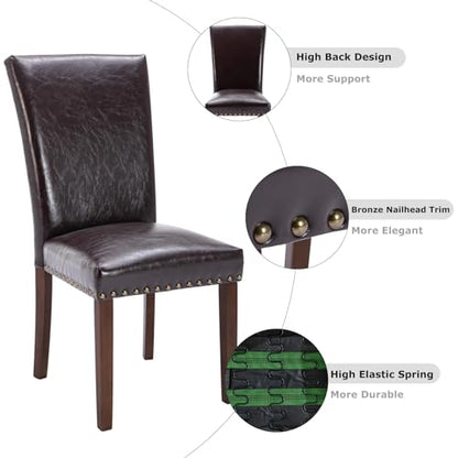 COLAMY Upholstered Parsons Dining Chairs Set of 6, PU Leather Dining Room Kitchen Side Chair with Nailhead Trim and Wood Legs - Dark Brown - color: L-darkbrown, size: Set of 6